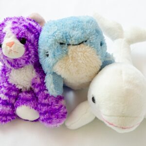 Tuffed Toys: Purple Cat, Blue Whale, and Beluga Whale